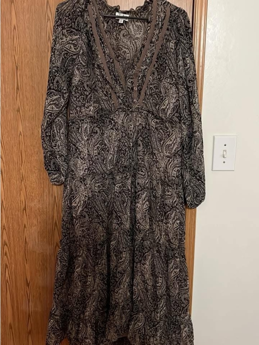Wonderly Brown Paisley V-Neck Long Sleeve Maxi Dress